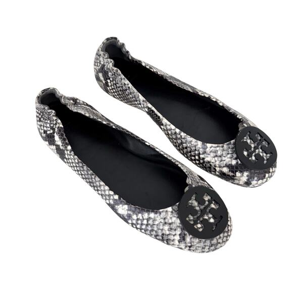 Tory Burch Minnie Roccia Ballet Flats Round-Toe Snakeskin Embossed Leather 8.5M - Picture 1 of 12